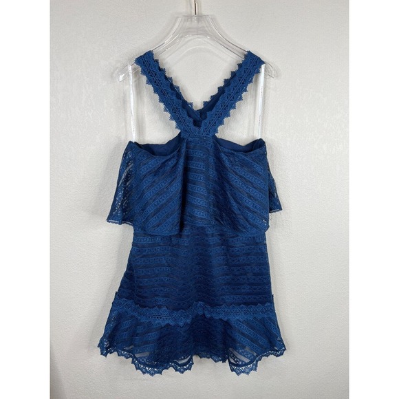 Anthropologie Foxiedox Lucy Dress Size Large L Navy Halter Neck Lace Mesh Ruffle - Picture 7 of 12